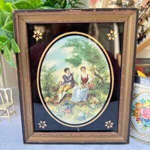 Antique Vintage Silk Victorian Painting Wall Decor Reverse Painted Mat Framed